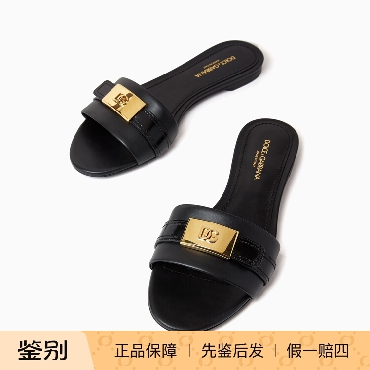 D&G Dolce & Gabbana Metal Square Logo Flat Sandals for Women, Smooth Cowhide Open-Toe Flat Outdoor Slippers D&G Dolce & Gabbana Metal Square Logo Flat Sandals for Women, Smooth Cowhide Open-Toe Flat Outdoor Slippers