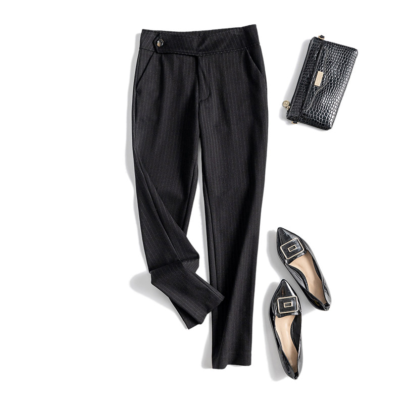 Hyphenated type of lean imported fabric striped waist with one grain button adorned tapered 90% Western pants casual pants woman