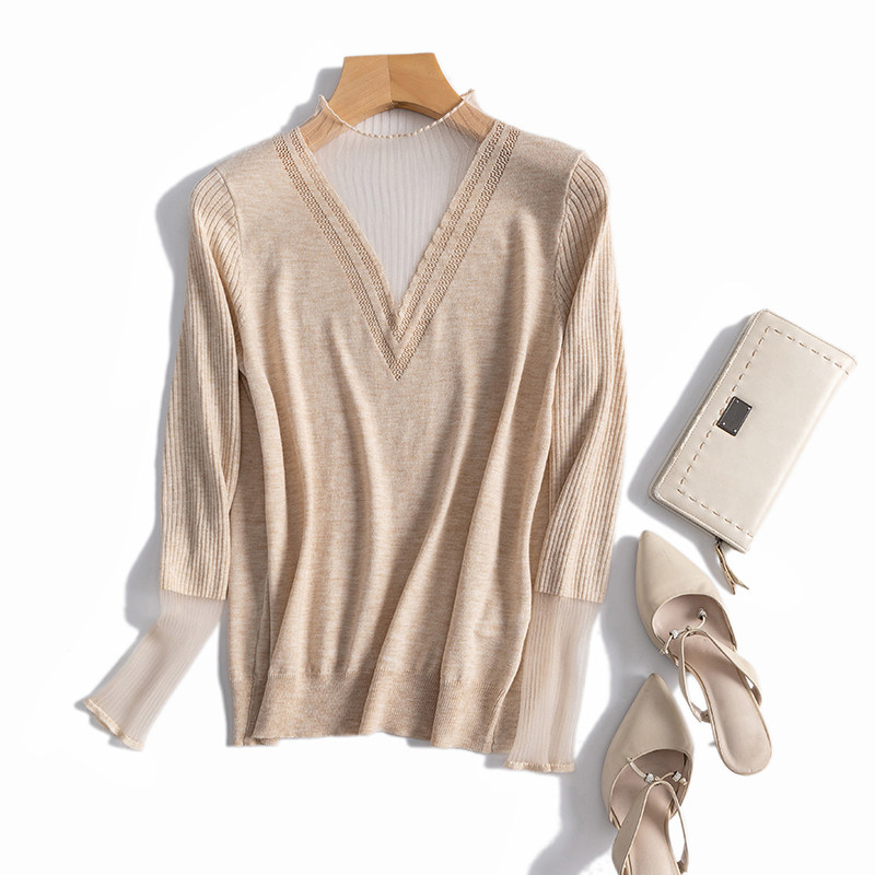 Goddess semi-turtleneck perspective V-neck slim-fit wool knitted pullover sweater autumn and winter