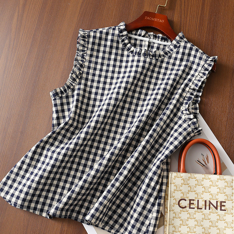Vintage Plaid Breathable Linen Cotton Ruffle Sleeveless Top Shirt with a Youthful Design for Women