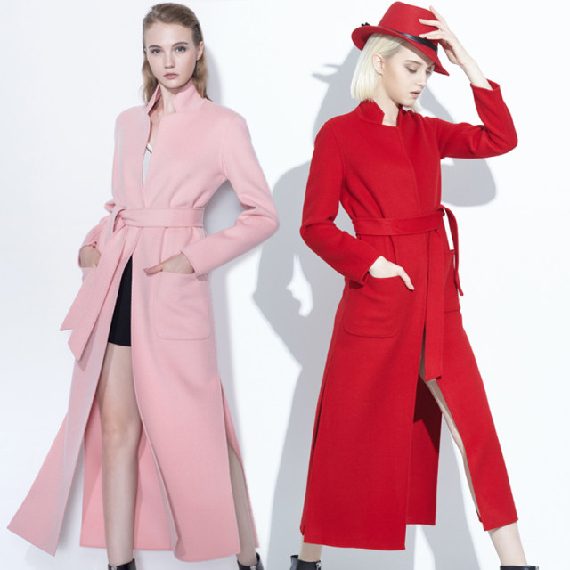 New silhouette brand coat for women winter Hepburn style high-end double-sided cashmere red woolen long coat