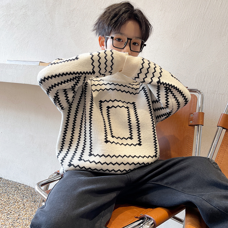 Boys' sweater pullover 2021 autumn and winter boys' winter clothes Korean version of winter thickened medium and large children's foreign style bottoming shirt