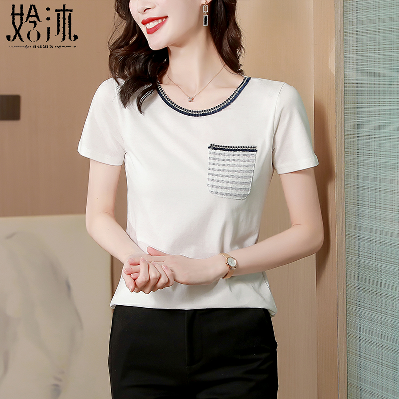 2022 Summer clothes the new small fragrant wind flow Su Flower, the webbing of the white T-shirt woman with a slim 100 lap temperament blouse