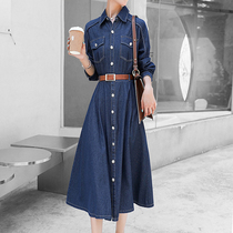 Mapping Hong Kong Light Lavish Style Denim Shirt Dress Dress Woman Europe Station Retro Long Style Chic Dress