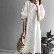Mapping * Hong Kong Women Womens Waist Hollow Cut Commuter Round Neck Lace Medium-length dress 2021 Summer Short Sleeve Dress