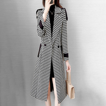 Mapping * Hong Kong light luxury slim slim waist womens 2021 temperament long plaid windbreaker coat