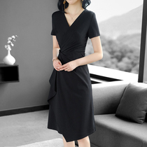 Mapping * Hong Kong light extravagant women 2021 waist temperament thin irregular V collar black dress summer