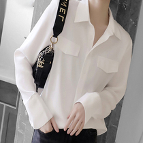 Mapping * Hong Kong light luxury women thin lapel temperament color small loose shirt Simple fashion solid color loose