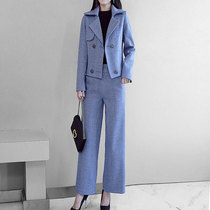 Mapping * Hong Kong light luxury slim womens 2021 new winter fashion woolen wide leg pants two-piece set