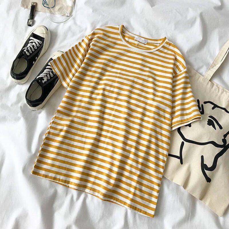 155 kích thước nhỏ 150 Xia Han phiên bản của nữ màu đỏ ròng sọc ngắn tay t-shirt và lỏng lẻo eo bảo hộ lao động quần vành đai hai mảnh bộ