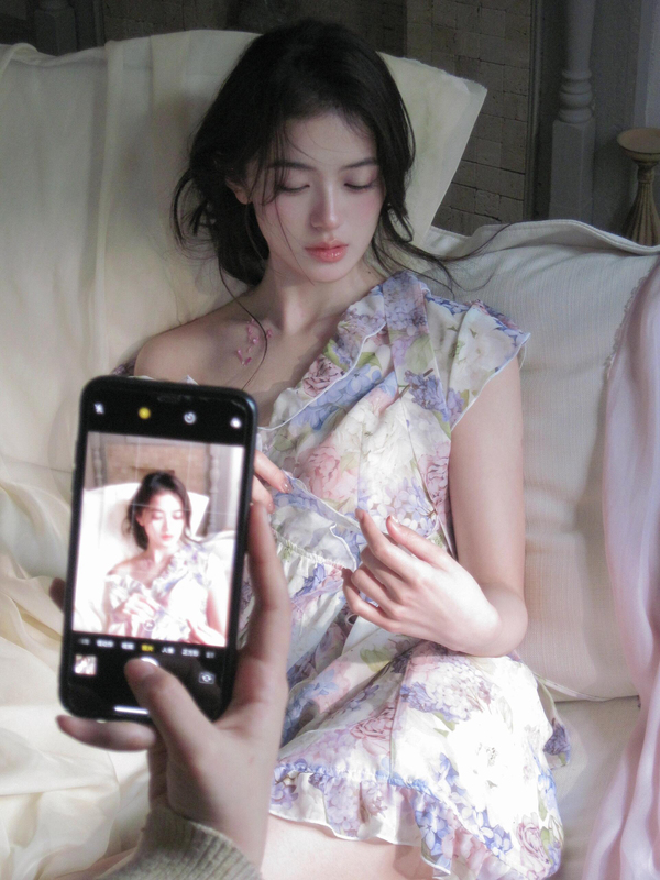 Correct Version [Monet's Garden] Original Imported Chiffon Hydrangea Custom-Dyed Printed Ruffle Ribbon Dress