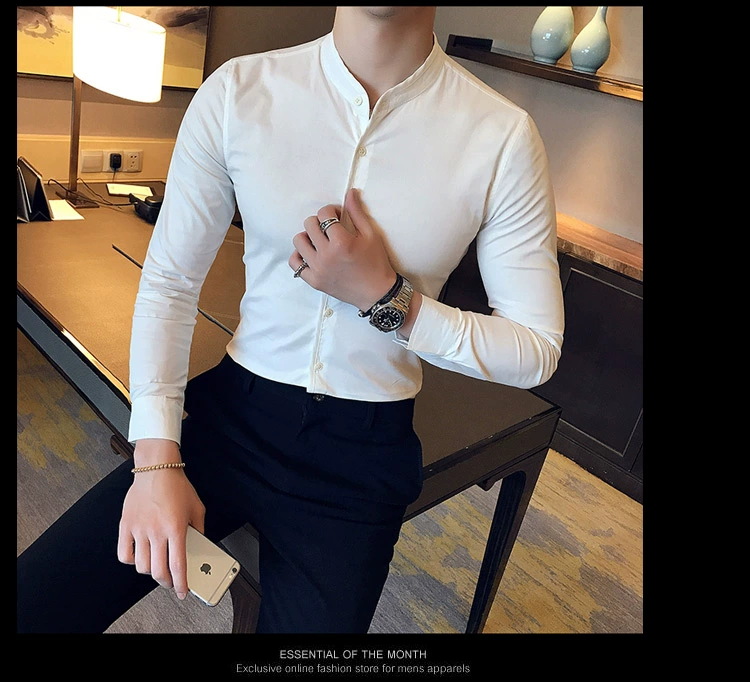 Mùa xuân và mùa thu bó sát không cổ nam áo sơ mi dài tay Phiên bản Hàn Quốc tự tu đẹp trai cổ áo sơ mi cổ tròn thủy triều S cỡ nhỏ 160