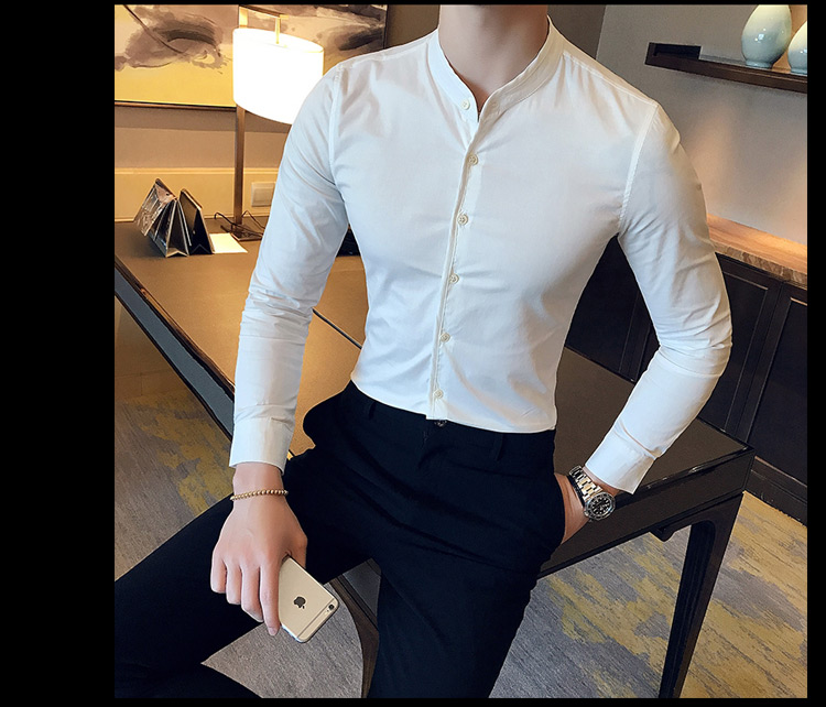 Mùa xuân và mùa thu bó sát không cổ nam áo sơ mi dài tay Phiên bản Hàn Quốc tự tu đẹp trai cổ áo sơ mi cổ tròn thủy triều S cỡ nhỏ 160 áo sơ mi nam kẻ sọc
