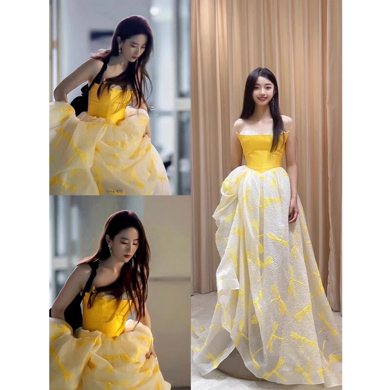 The Story of the Rose Liu Yifei's Same Style Evening Dress Yellow Engagement Banquet Elegant High-End Student Day Coming-Of-Age Ceremony