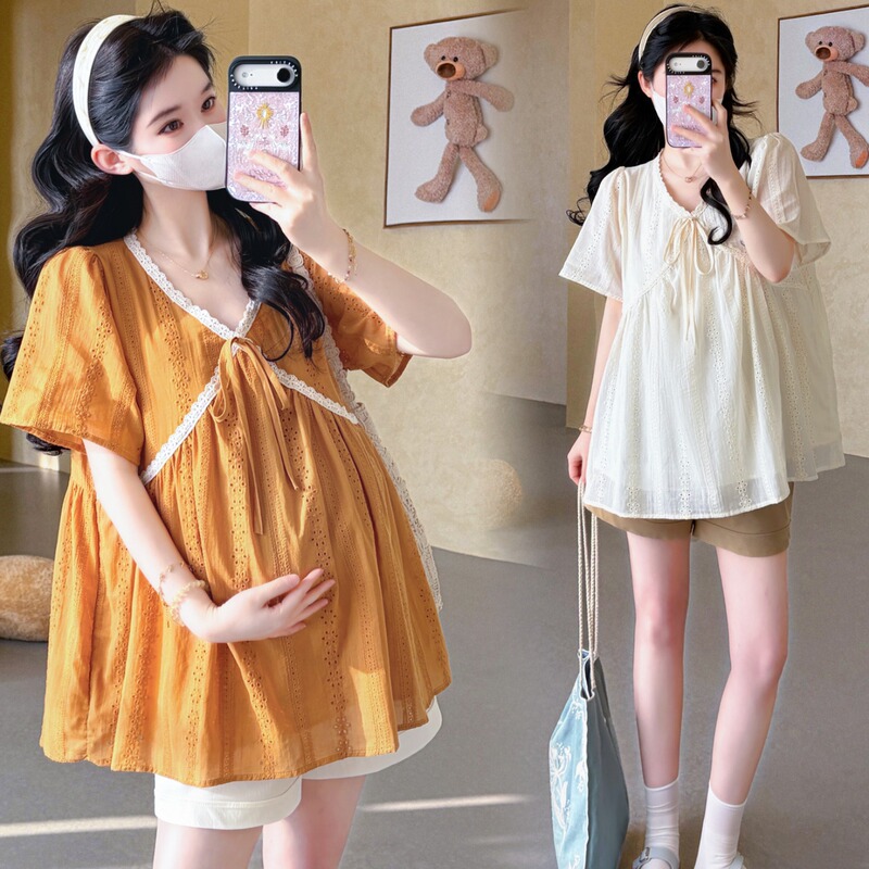 Maternity Tops, Summer Clothes, Korean Style Loose-Fitting Belly-Covering Short-Sleeved Babydoll Shirts, Stylish Maternity Clothes That Don'T Show Pregnancy during Pregnancy, Summer Suits