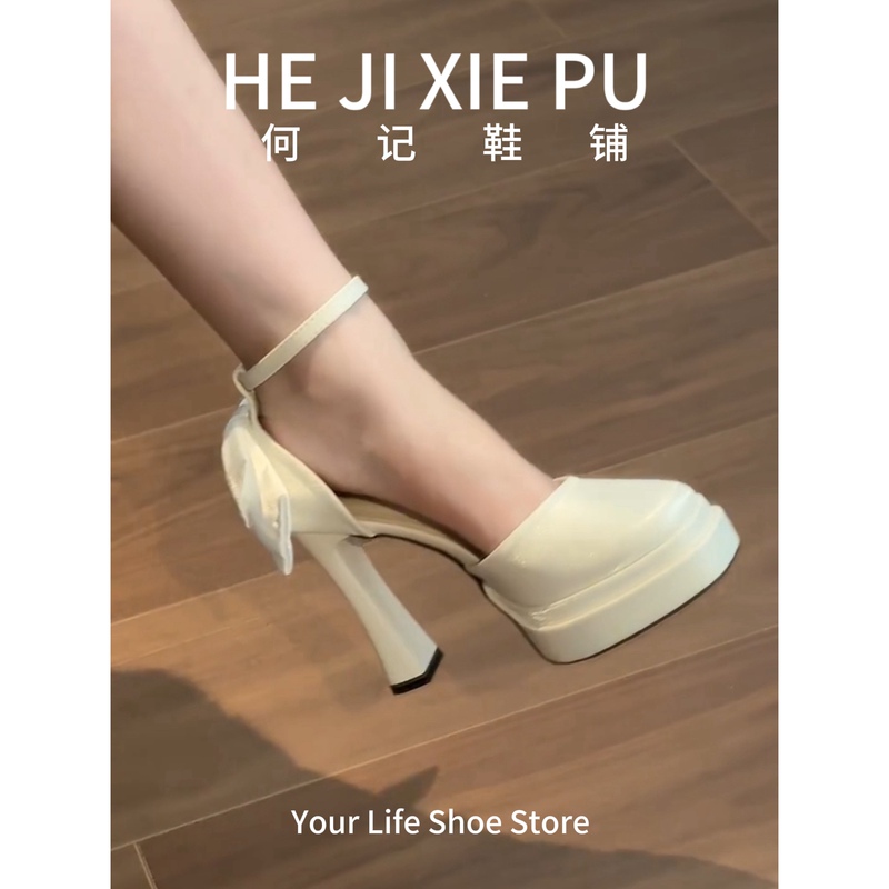 One-Line Strap Waterproof Platform Bow High-Heeled Shoes for Women, New Summer Square-Toe Chunky Heel High-Heeled Shoes, Mary Jane Shoes for Women