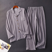 Thu mens vải tuýt gạc phù hợp với nút cổ áo kích thước lỏng pajama pajama bộ quần dài tay mặc nhà.