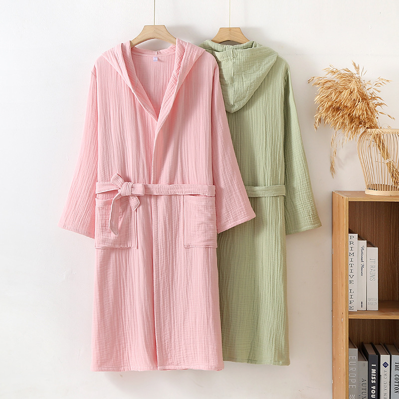 Four-Layer Cotton Gauze Mandarin Collar Bathrobe, Nightgown, Crepe Bathrobe, Extra Long and Thick, Home Wear, Sleepwear, Absorbent