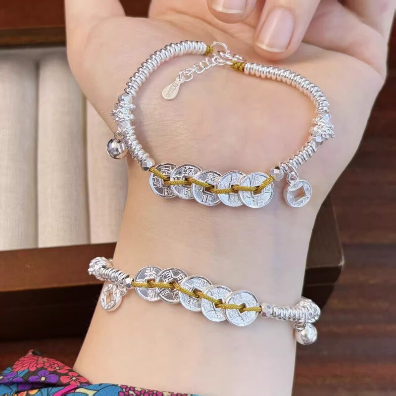 Pure Silver 999 Five Emperors Coins Wrapped Around a Coin Bell Braided Rope Bracelet Valentine's Day Gift Birthday Present