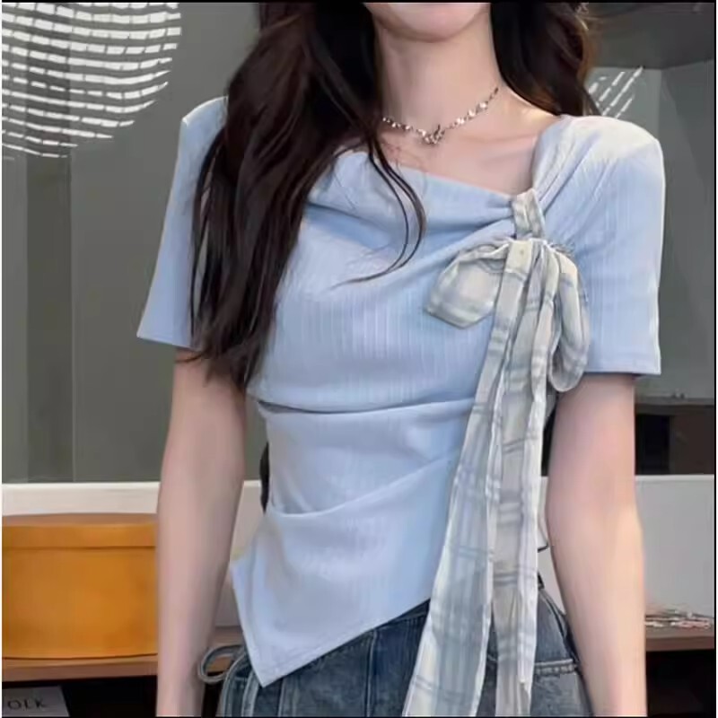 Irregular Tie Short-Sleeve T-Shirt for Women, Summer 2026 New Style, Unique Neckline Design, Slim Fit, Short and Chic Top