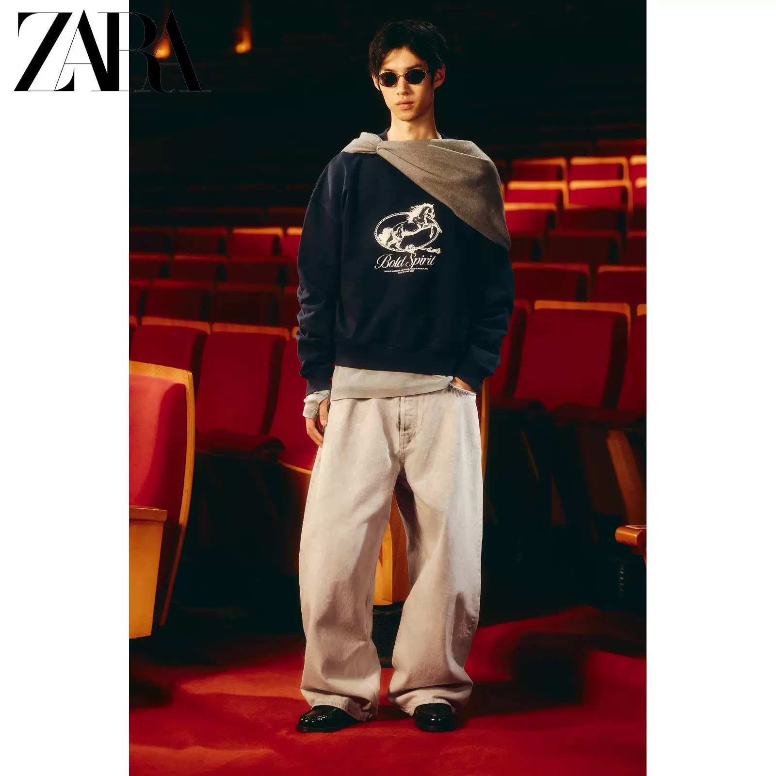 ZARA 2025 Зимний новый продукт Мужской хлопковый свитшот с принтом кольцо-горловина 1165401 401