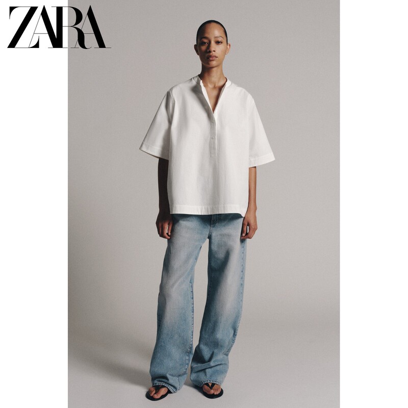 Zara2026 Early Autumn New Products Women's Clothing Zw Series Round Neck Short-Sleeved Cotton Blend Shirt 4437250 250