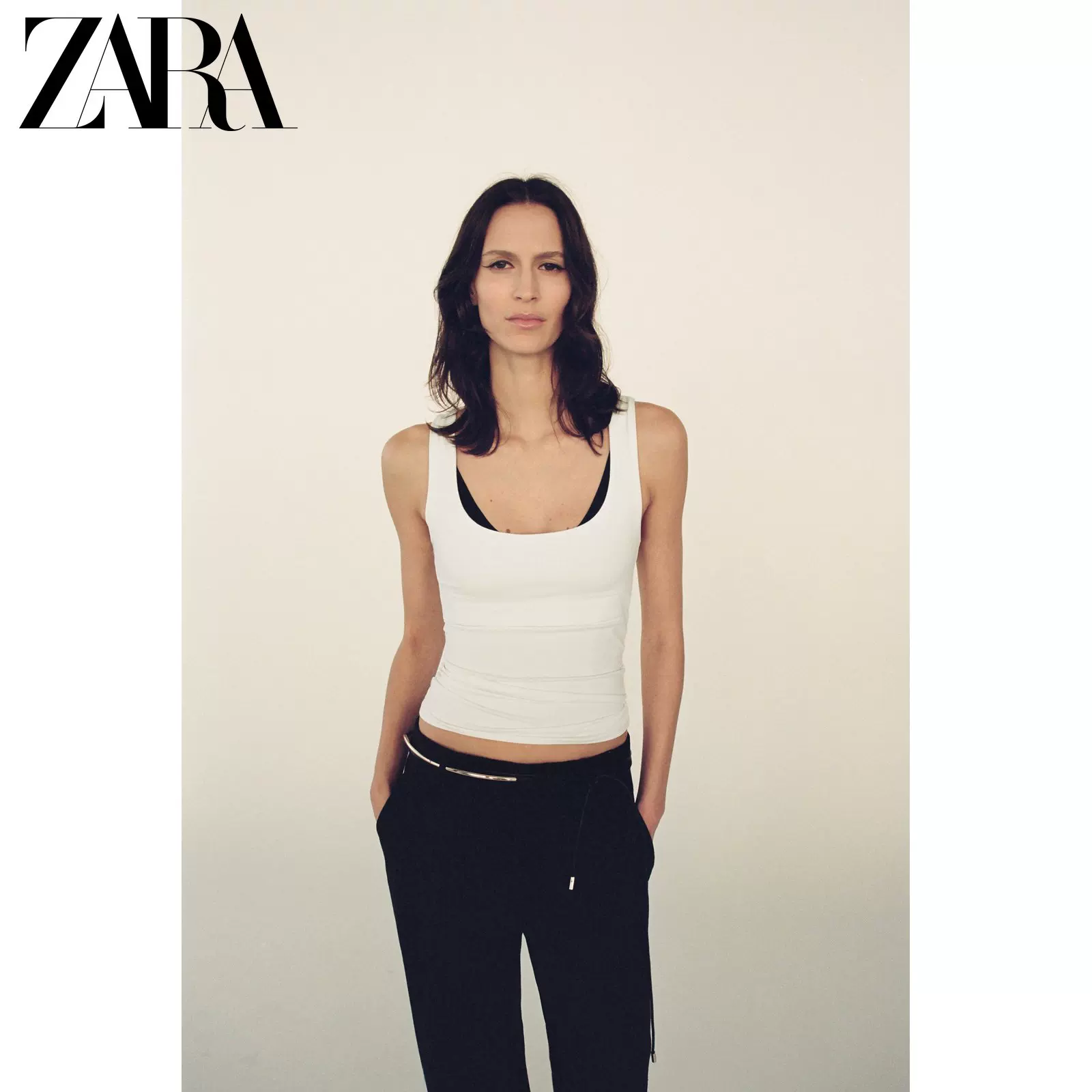 ZARA 2025 весна Новая коллекция женская широкие плечевые лямки нейлон удобная простая футболка 3905631 250