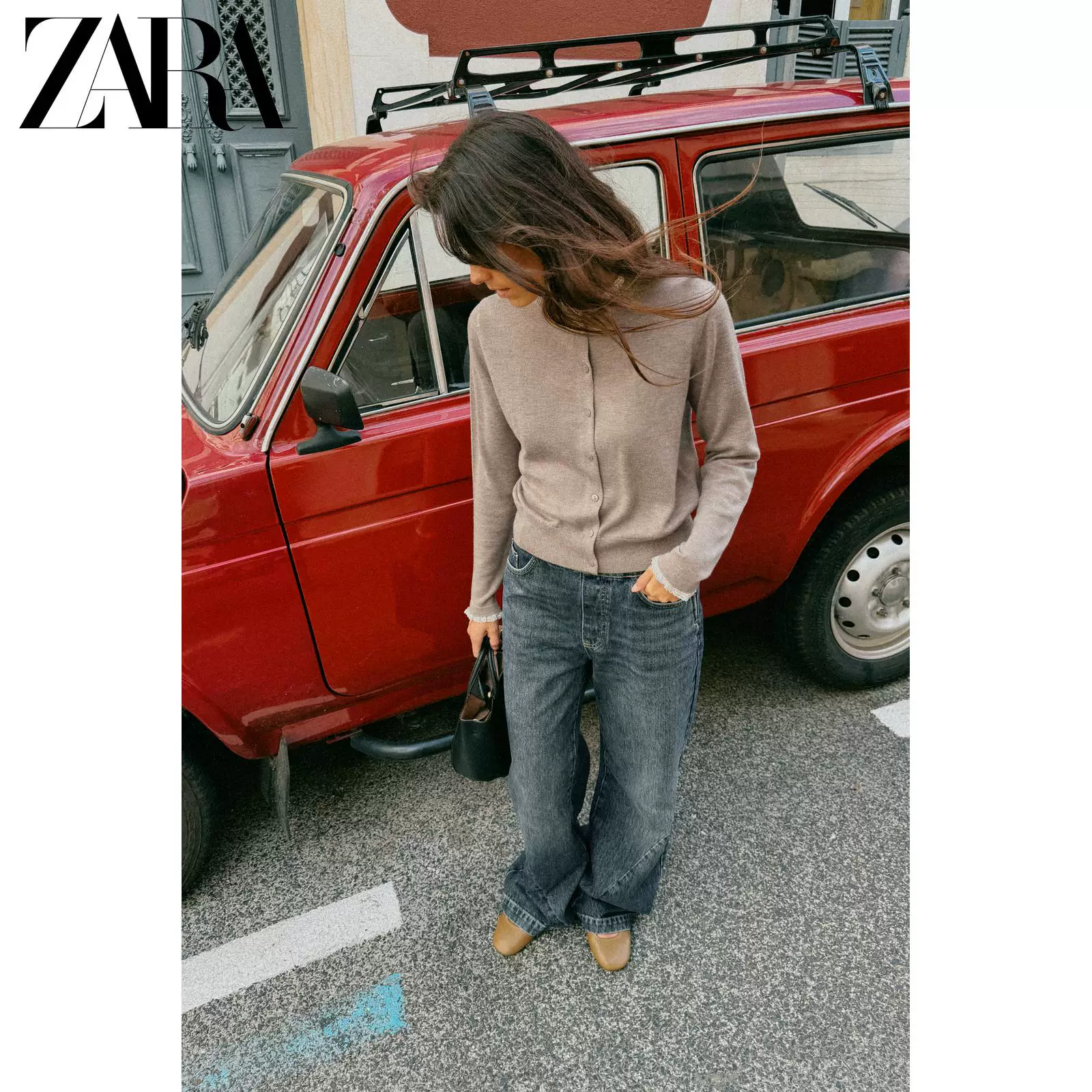 ZARA 2025 зимний новинка: женская блузка с длинным рукавом, круглым воротом, кружевная отделка, вязаная куртка 3920760 706