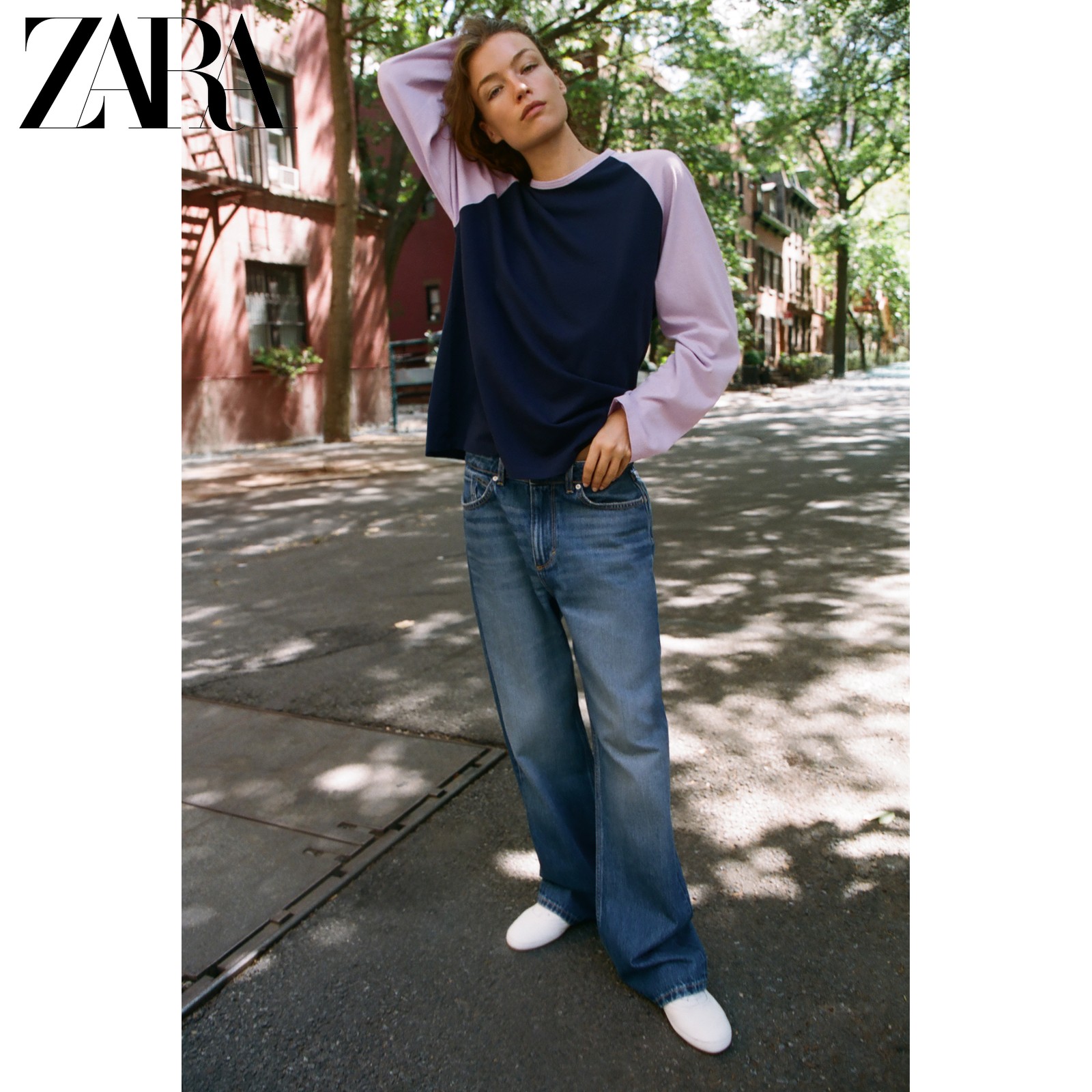 ZARA2026 ранняя осень, новые товары, женская хлопковая футболка реглан с длинными рукавами и круглым вырезом горловины 0858728 Изображение 1