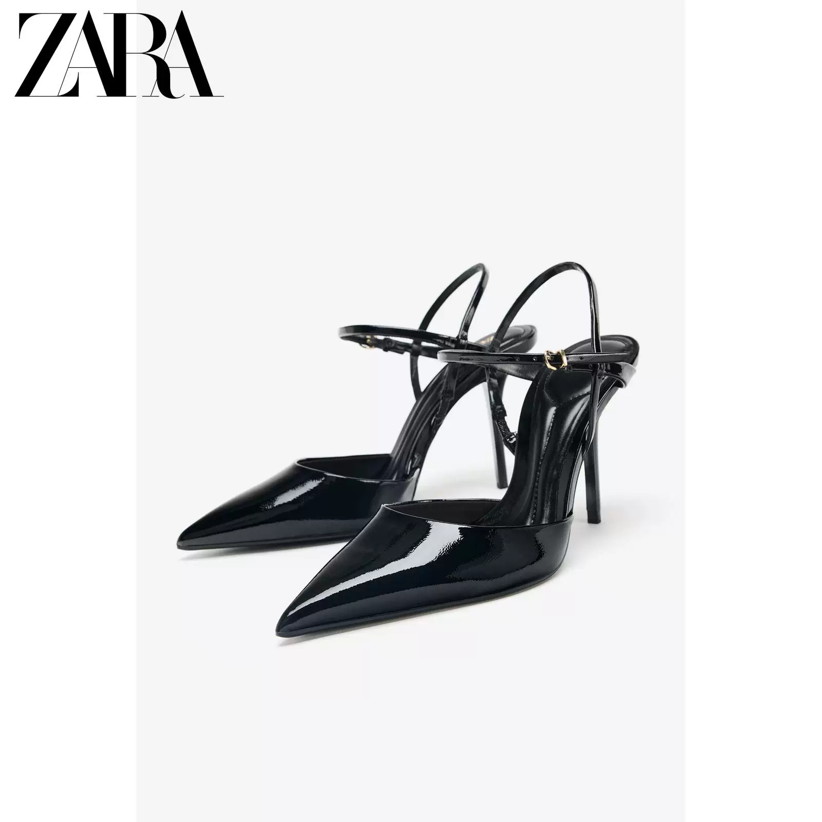ZARA 2025 Осень Новинка Женские туфли с эффектом лакированной кожи, ремешок на лодыжке и шнуровка, высокие каблуки 2231610 800