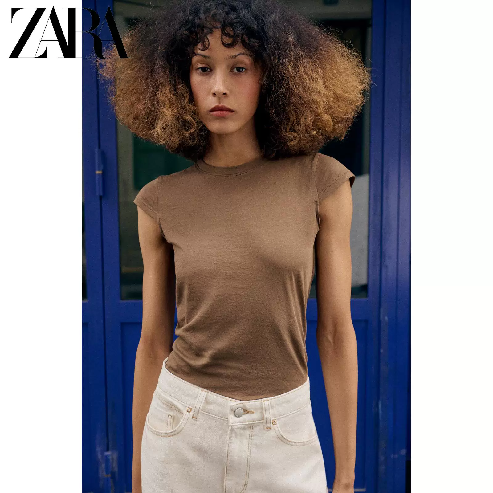 Футболка (ZARA) с круглым вырезом, приталенная, короткий рукав, 100% хлопок, минимализм
