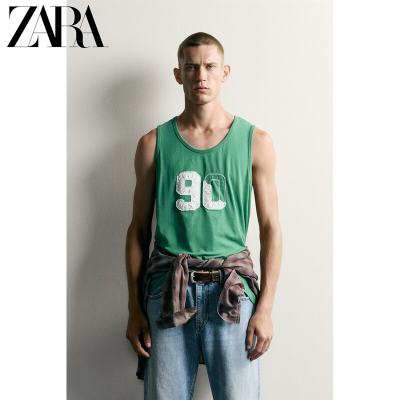 Zara2026 New Autumn Products Men's Cotton Retro Personalized Digital Patch Vest-Style T-Shirt 6224347