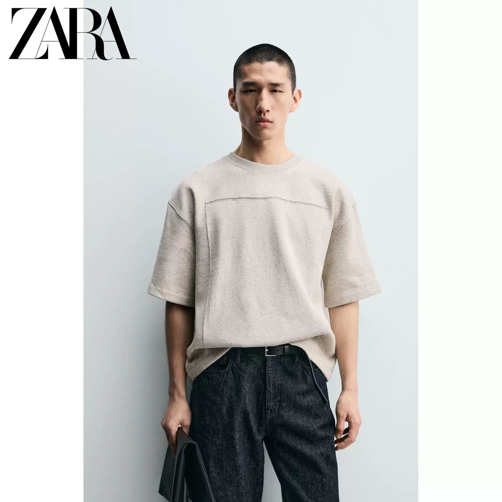 ZARA 2026 год весна-лето новые поступления мужской свободный свитшот с нашивками круглый вырез короткий рукав хлопок 5644465 803