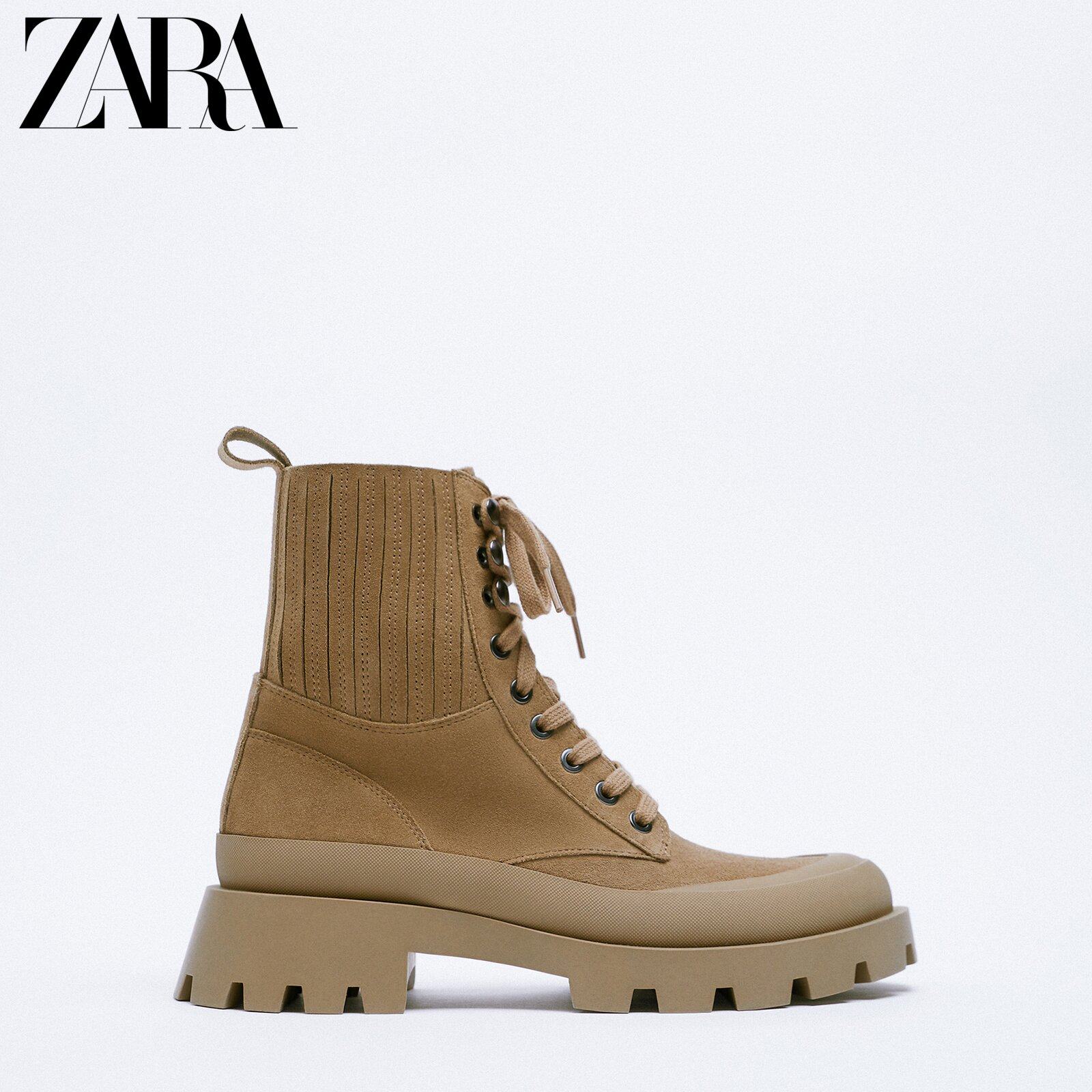 ZARA Early Spring New Products Women Shoes Sandbrown Laces Bull Leather Gear Shoes Tooling Boots 2168810107