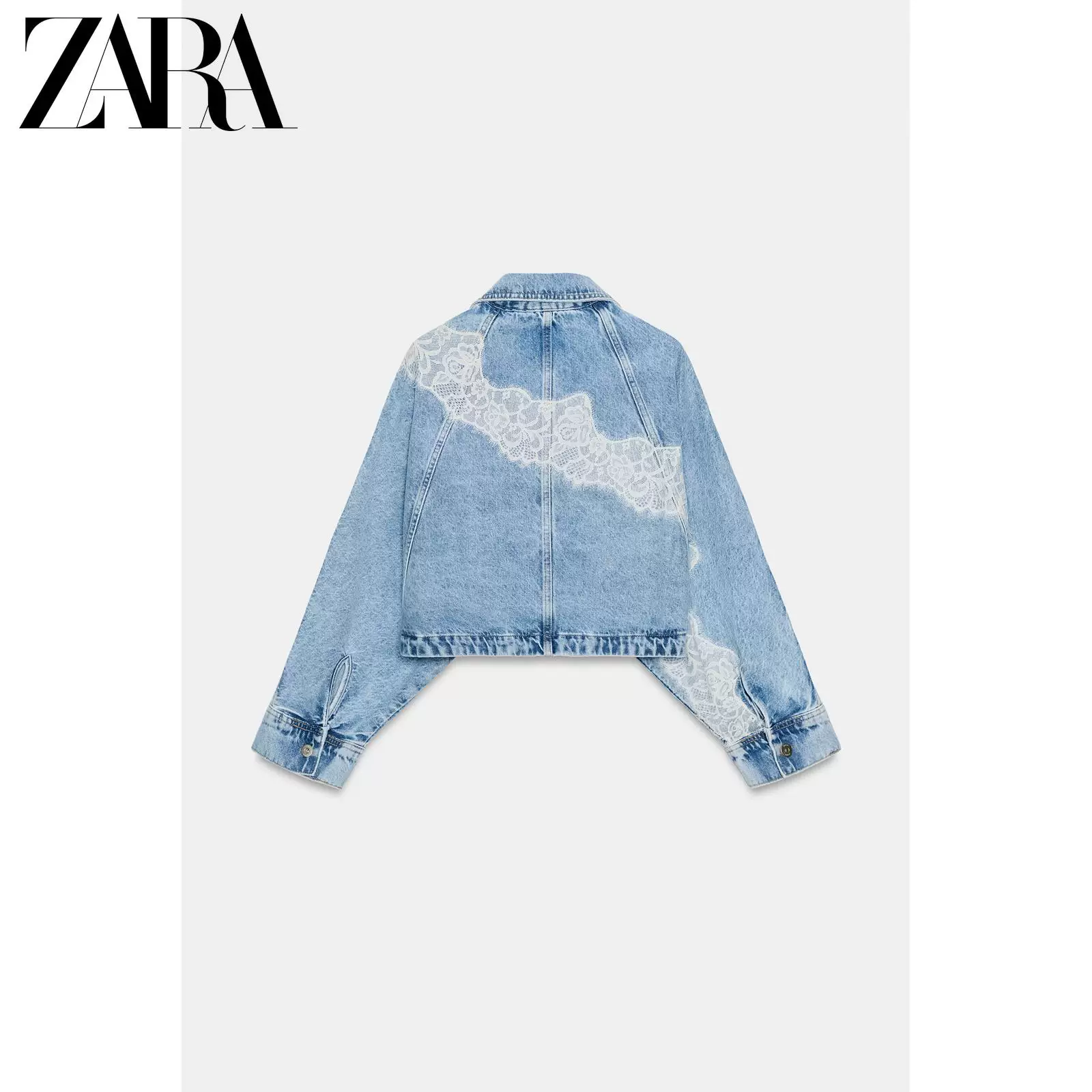 Короткий джинсовый жакет с кружевом ZARA, женский, 100% хлопок, весна/лето