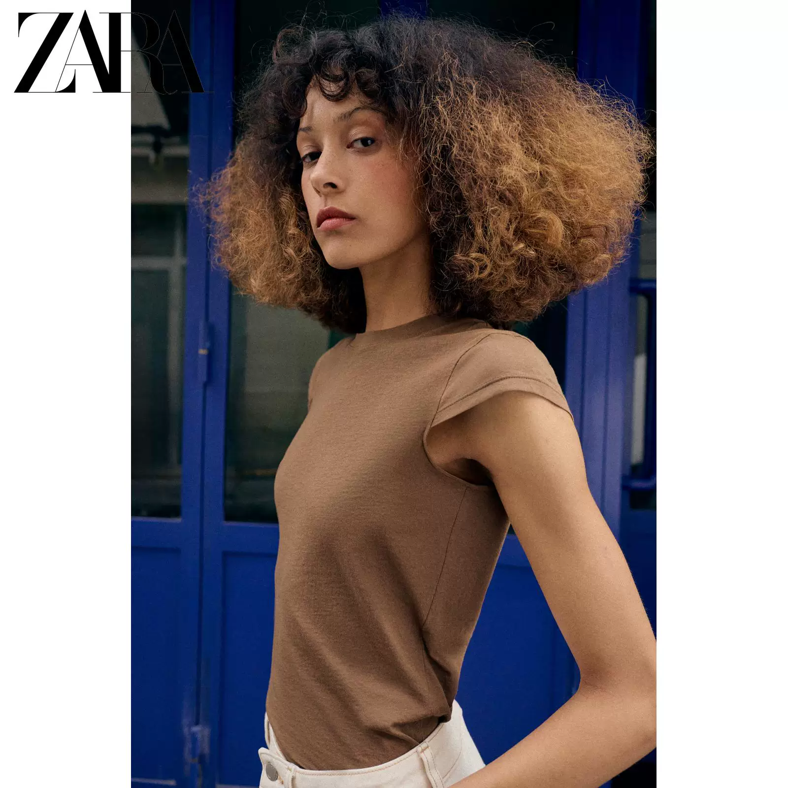 Футболка (ZARA) с круглым вырезом, приталенная, короткий рукав, 100% хлопок, минимализм