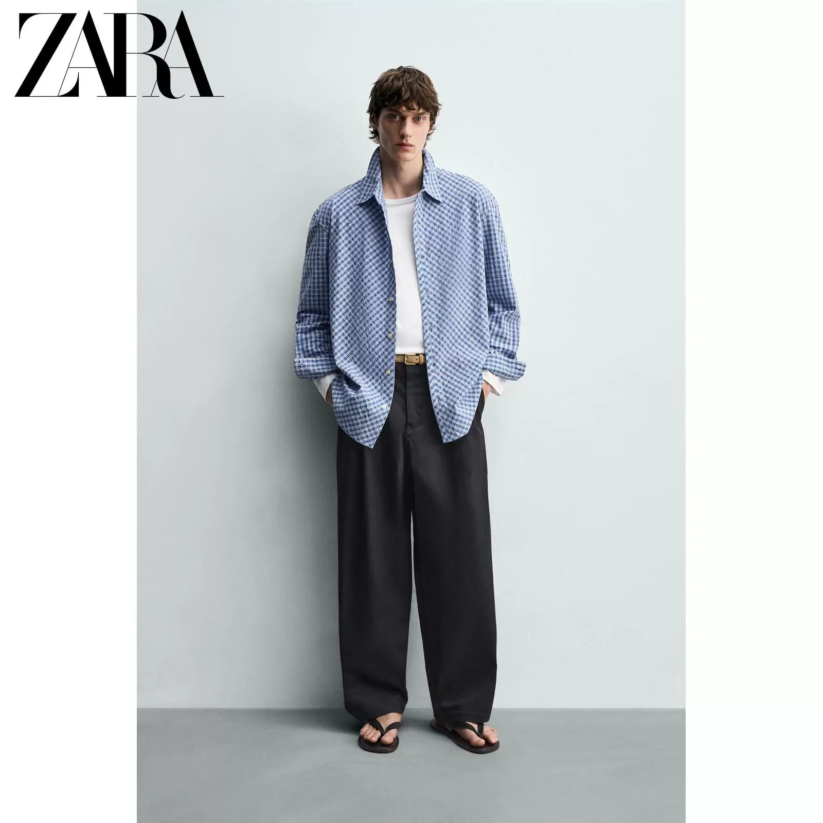 ZARA 2026 весна-лето новые поступления мужская свободная хлопковая длинным рукавом рубашка в клетку текстура 6103405 400