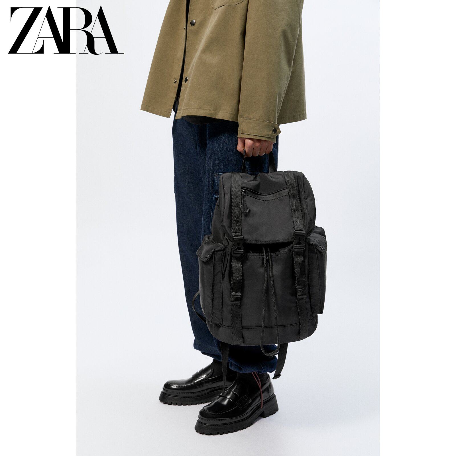 ZARA Spring New Pint Men's Bag Black Explorers Travel Big Capacity Double Shoulder Bag 3231820040