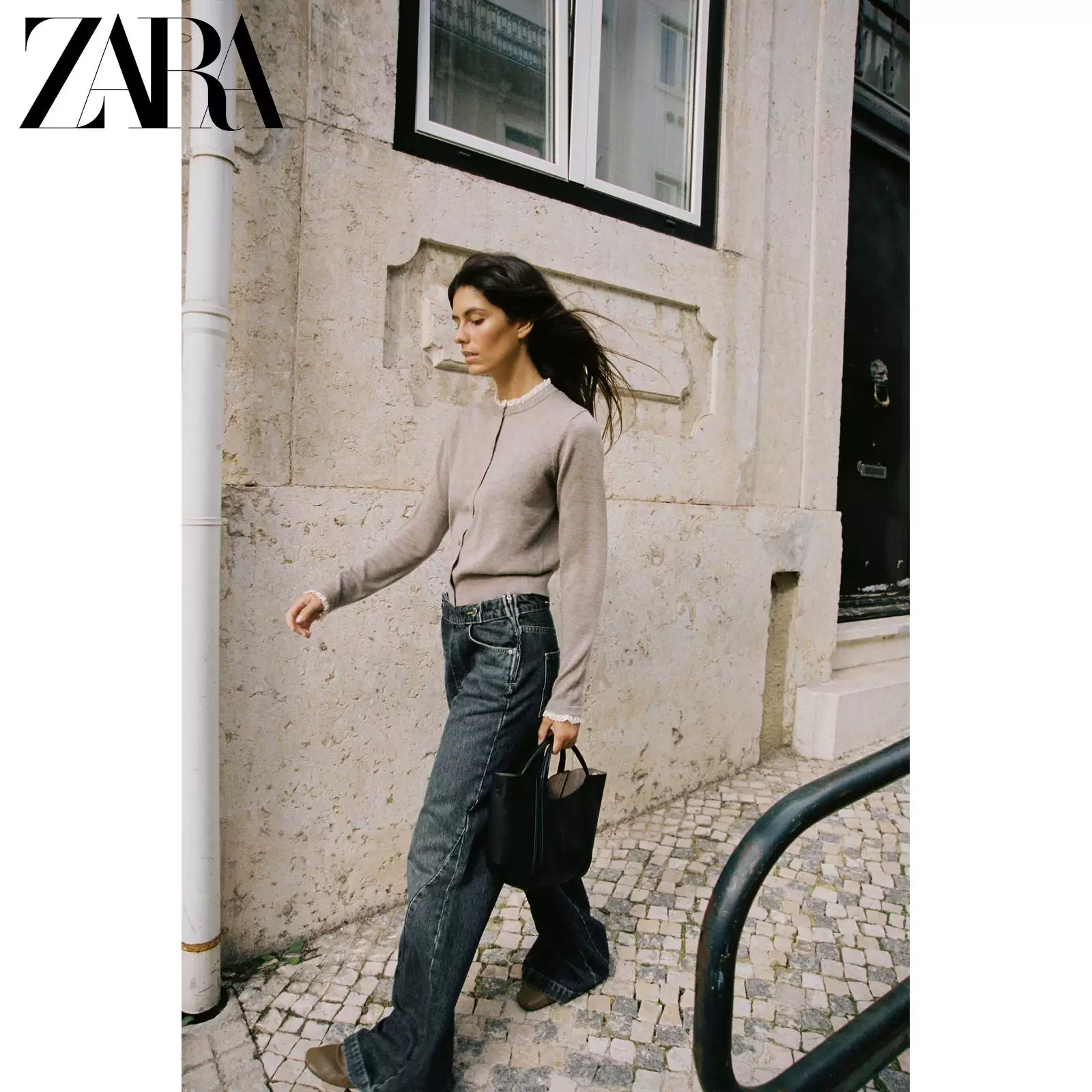 ZARA 2025 зимний новинка: женская блузка с длинным рукавом, круглым воротом, кружевная отделка, вязаная куртка 3920760 706