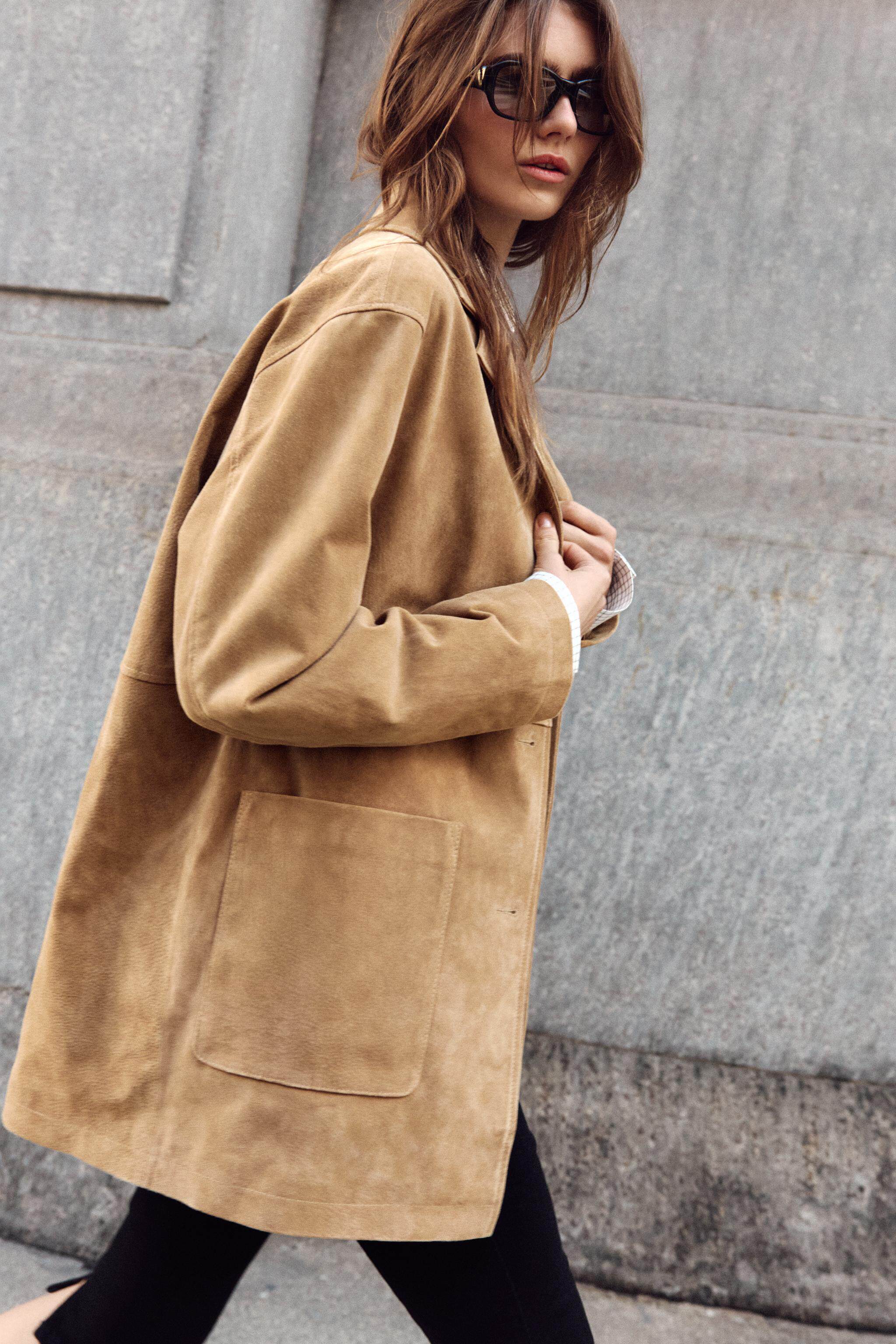 Кожаная куртка zara2026春夏新品 女装 长袖翻领纯绒面质感皮革外套 3046030 704