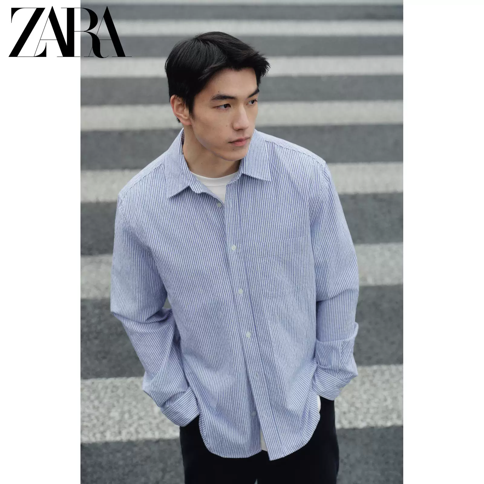 Мужская свободная рубашка в полоску с wrinkled эффектом длинный рукав ZARA 2026 весна-лето 4231117 044