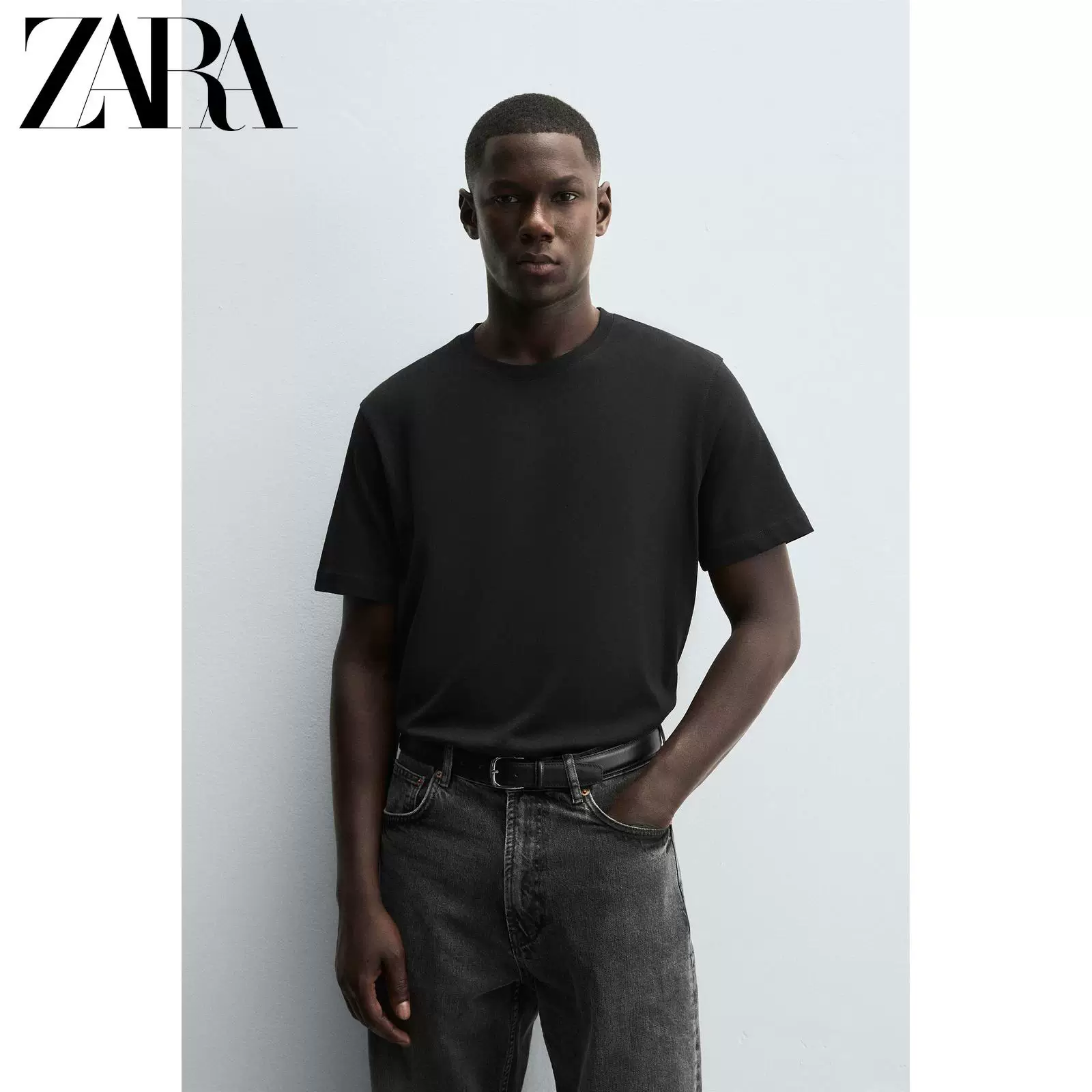 ZARA 2025 осень новые продукты мужская трикотажная футболка с коротким рукавом круглым вырезом средней толщины, 1887399