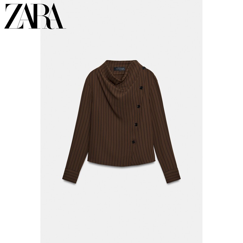 Zara2026 Autumn New Collection Women's Long Sleeve Draped Collar Striped Double-Breasted Shirt 8051120 700