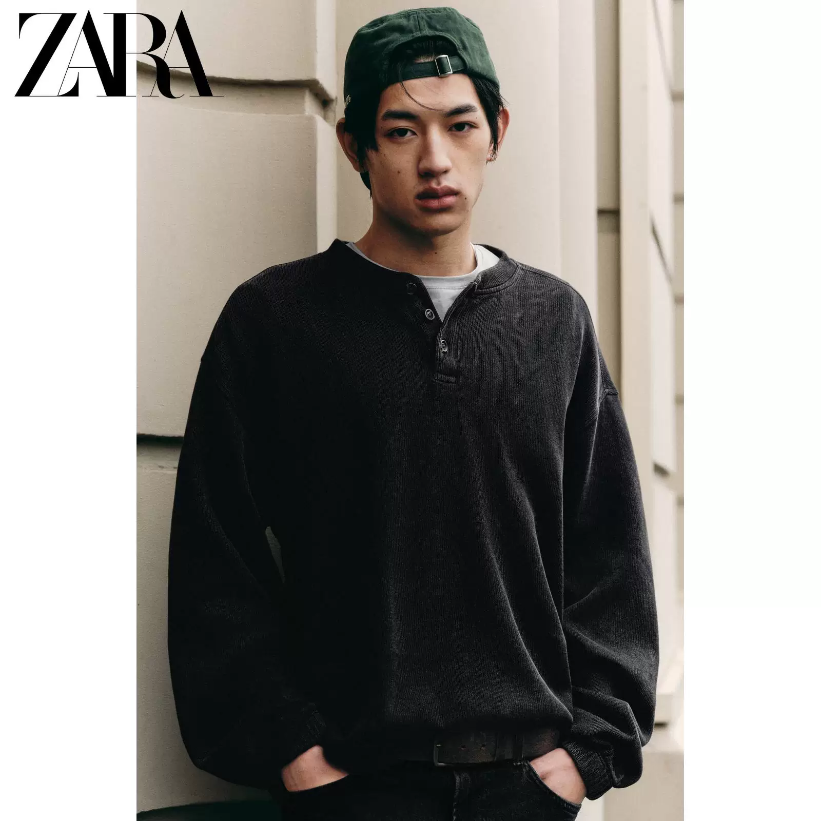 ZARA 2026 весна-лето новые поступления мужской хлопковый свитшот с кнопками Henley воротник структурированный Sweatshirt 0526441 898