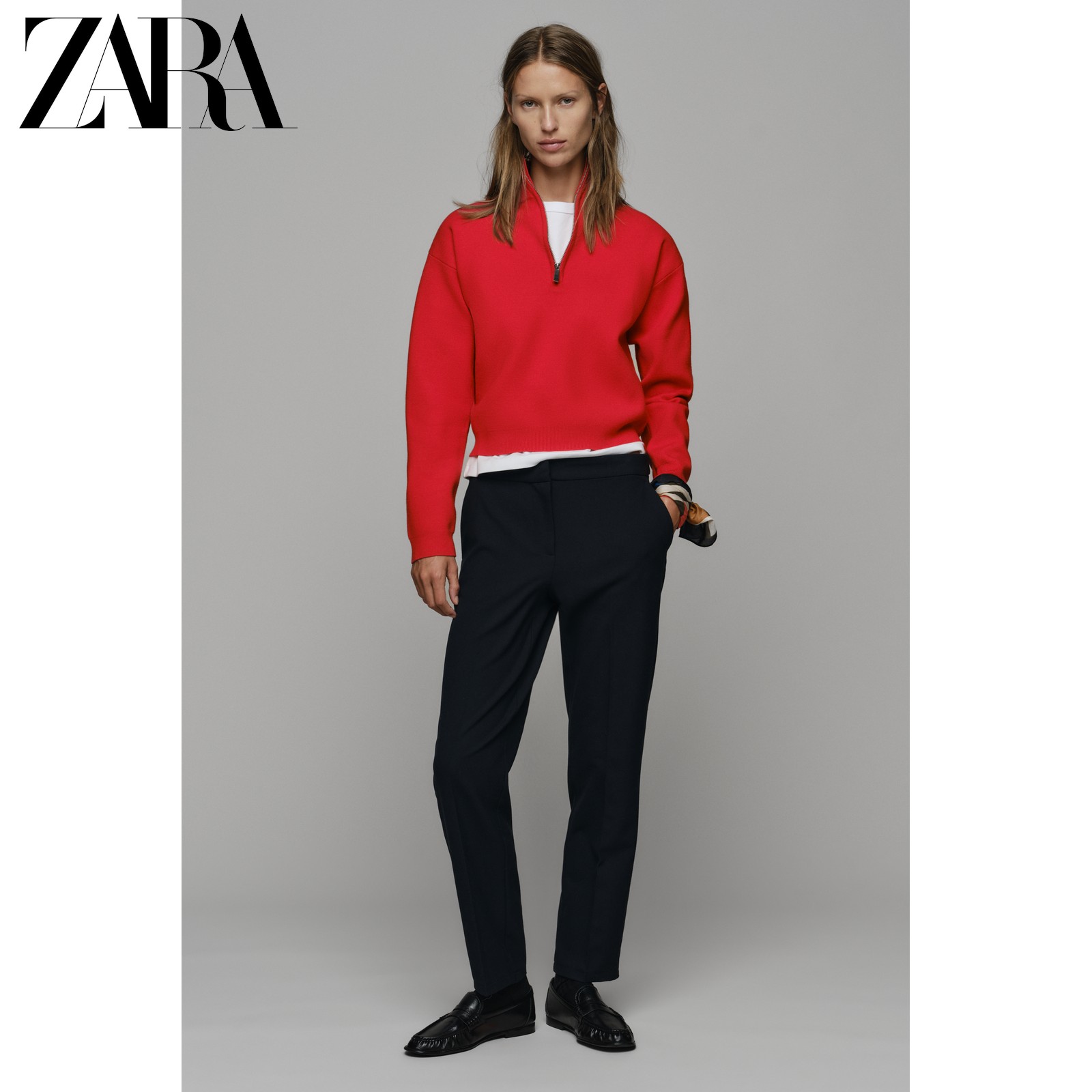 Осенние новинки ZARA2026, женский повседневный красный свитер на молнии с длинными рукавами и воротником-стойкой, 9598009 600 Изображение 1