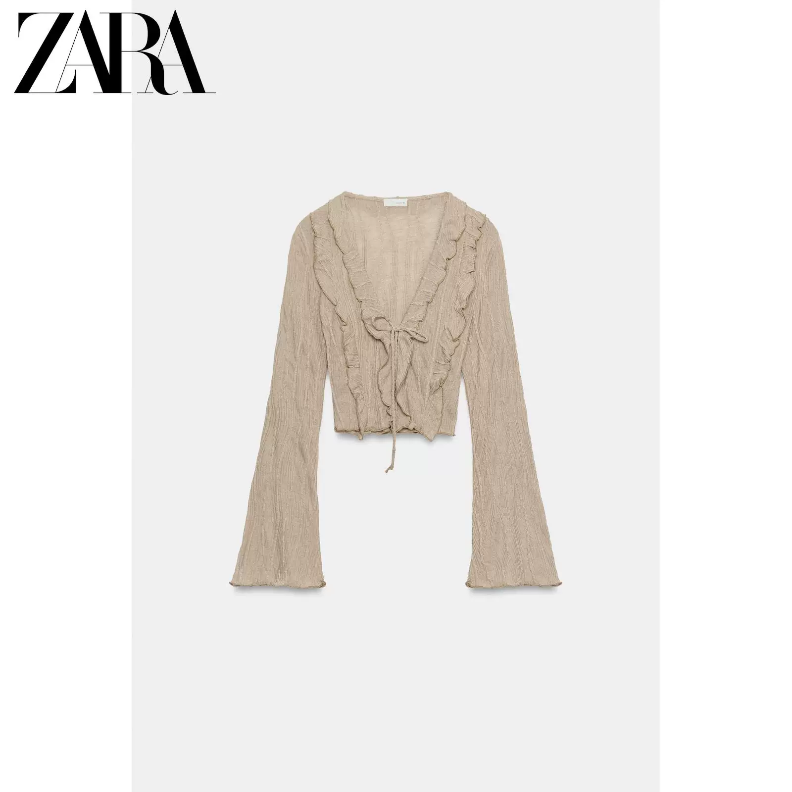 ZARA 2026 весна-лето новые поступления Женская блузка с длинным рукавом V-образным вырезом, бантом, украшенная слоёная, короткая топ 1131300 450