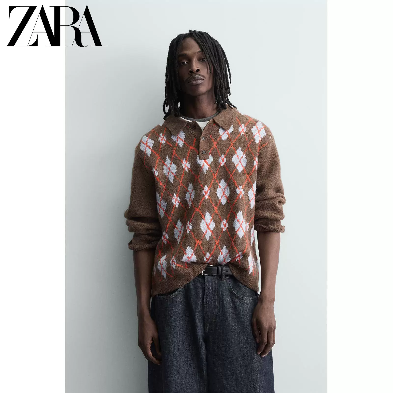 ZARA весна-лето 2026 новый приход мужская шероховатая диагональная красивая рубашка-поло с узором драгоценной каменной серединки 2893402 700