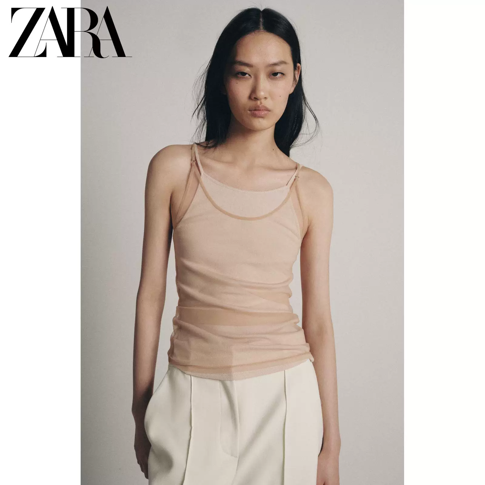 ZARA 2026 год весна-лето новые поступления женская майка-укороченная двойной слой тюля с круглым вырезом пояса Slim Fit топ 5644317 942
