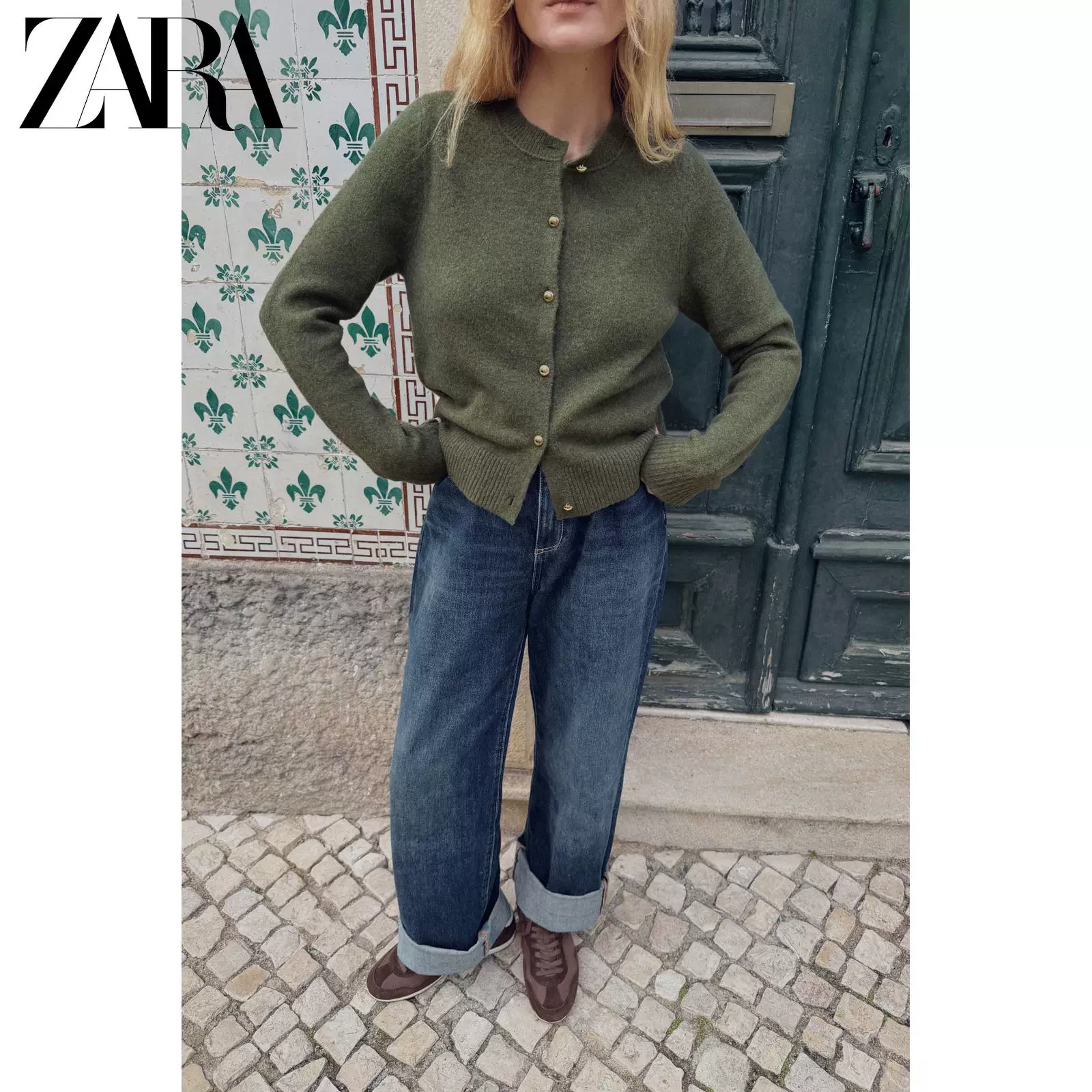 ZARA 2025 Зимние Новинки Женская Платье длинный рукав круглая горловина шарик пуговица связанный жакет 1509114 524