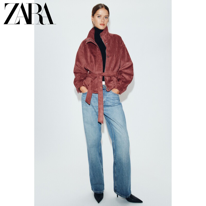 Zara2026 Autumn New Collection Women's Long Sleeve Stand Collar Suede Belted Jacket 6318243 172 Zara2026 Autumn New Collection Women's Long Sleeve Stand Collar Suede Belted Jacket 6318243 172